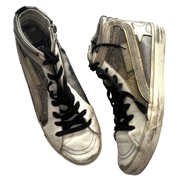 Golden Goose Slide Sneaker in Gun Metal Shimmer White - Picture 1 of 8